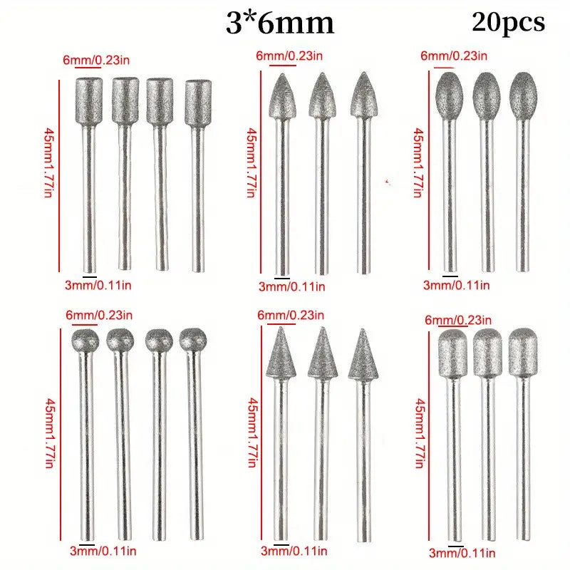 20PC Diamond Grinding Heads for Jade Carving and Sanding